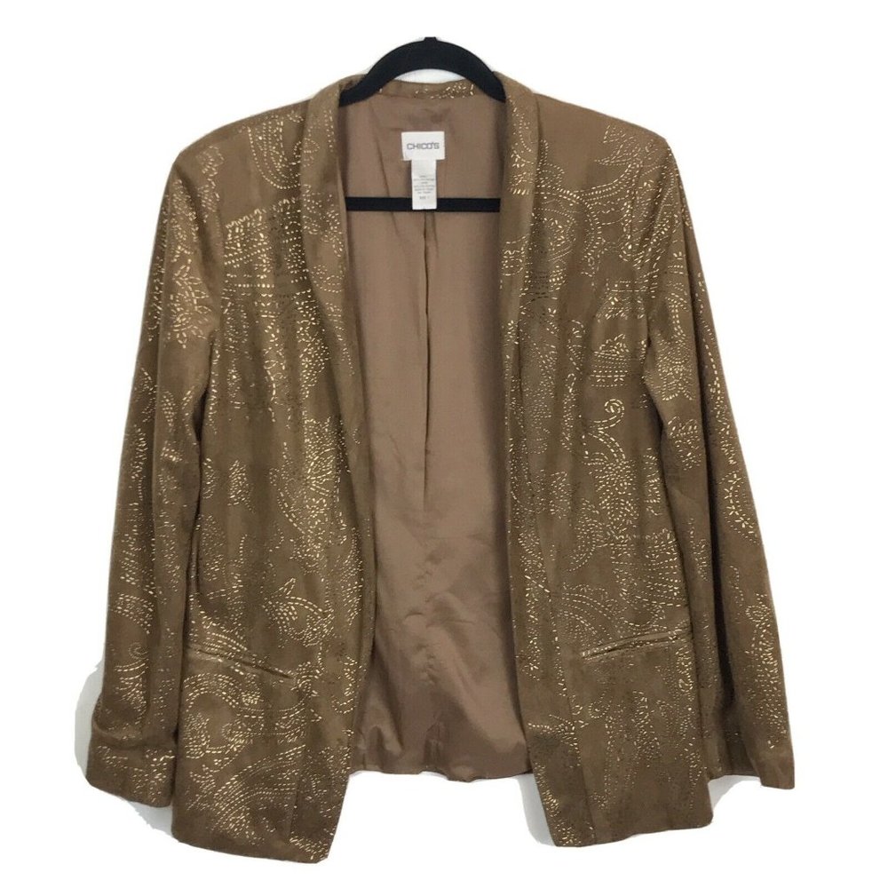 Chico's Faux Suede Tan Jacket Open Front Paisley